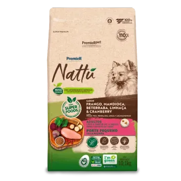 Racao Premier Nattu Caes Adultos Pequeno Porte Mandioca 10.1kg frente